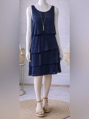 Suzi Chin for Maggy Boutique Navy Layered Lace Midi Dress, L